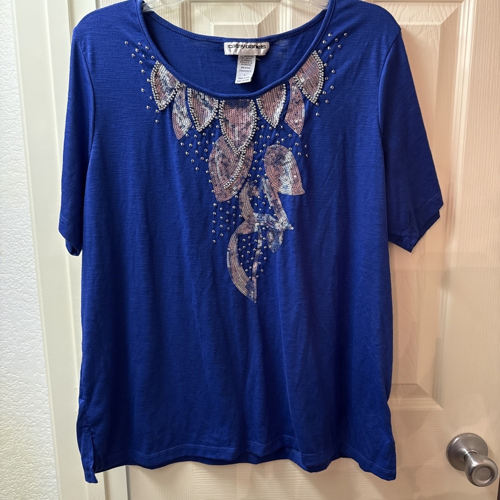Cathy Daniels Cobalt Blue Embellished Sequin Scoop Neck Blouse Large